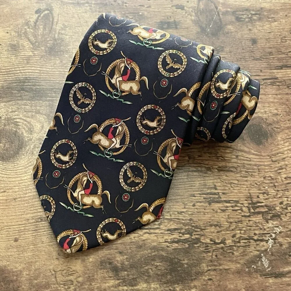 Vintage Salvatore Ferragamo Silk Tie Navy Blue Tan Red Heraldic Hunt Equestrian